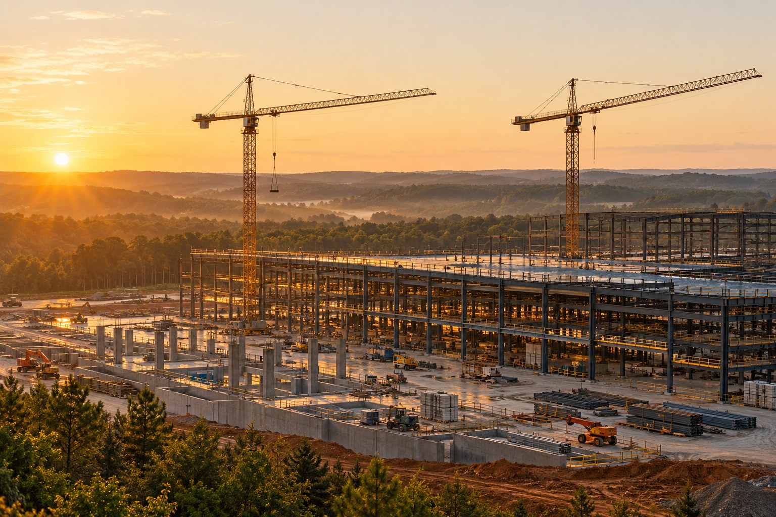 Illustration of a modern industrial construction site at sunrise with steel framing and cranes